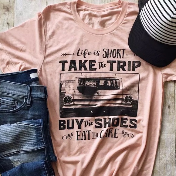 “Life’s Short, Buy the Shoes Vacation” Tee Shirt Pink - Picture 2 of 7